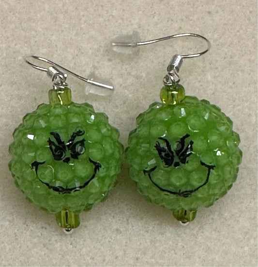 Bumpy Green Grench  20mm Bubblegum Ball! ** Dangle Earrings! Grunch Green and Grunch Smile!  Very limited quantity